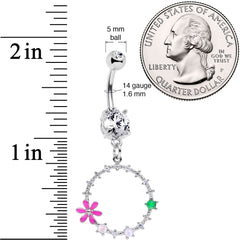 Clear CZ Gem Green Pink Faux Opal Loop Flower Dangle Belly Ring