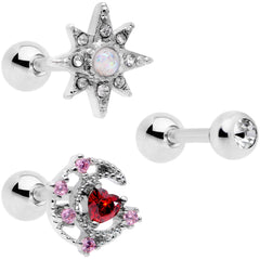16G 1/4 Pink Red Clear CZ Gem Moon Star Cartilage Tragus Set of 3