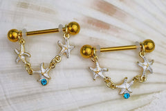 14G 9/16 Blue Gem Gold Tone Starfish Dangle Nipple Ring Set