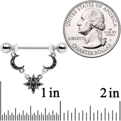 14G 9/16 Black Gem Crescent Moons Star Dangle Nipple Ring Set