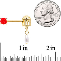 14G 9/16 Red Flower Gold Tone Birdcage Barbell Nipple Ring Set