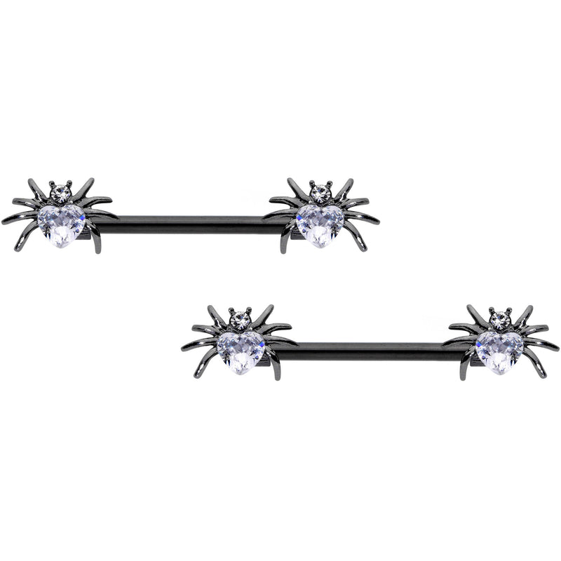 14G 5/8 Clear Gem Black Sexy Heart Spider Barbell Nipple Ring Set