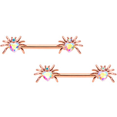 14G 5/8 Aurora Gem Rosy Sexy Heart Spider Barbell Nipple Ring Set