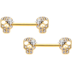 14G 9/16 Clear Gem Gold Tone Star Skull Barbell Nipple Ring Set