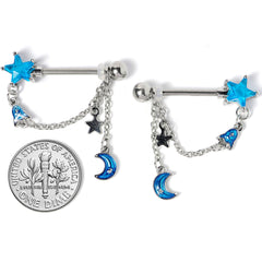 14G 5/8 Blue Gem Rocket Star Moon Dangle Barbell Nipple Ring Set