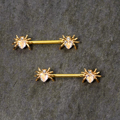 14G 9/16 Clear Gem Gold Tone Heart Spider Nipple Ring Set
