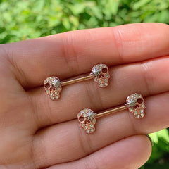 14G 9/16 Clear Gem Gold Tone Star Skull Barbell Nipple Ring Set
