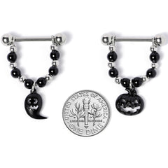 14G 5/8 Black Pumpkin Ghost Halloween Dangle Nipple Ring Set