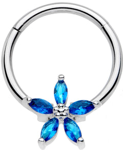 16G 3/8 Blue Gem Royal Flower Hinged Segment Ring