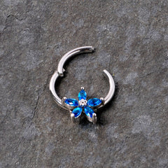 16G 3/8 Blue Gem Royal Flower Hinged Segment Ring