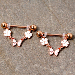 14G 5/8 Gold Tone White Flower Butterfly Dangle Nipple Ring Set