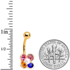 Pink Blue Yellow Gem Gold Tone Flower Belly Ring
