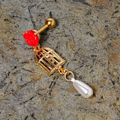 16G 1/4 Red Flower Gold Tone Birdcage Dangle Cartilage Tragus