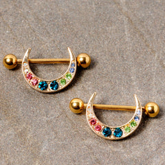 14G 7/8 Multicolor Gem Gold Tone Crescent Nipple Shield Set