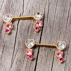 14G 9/16 Clear Pink Red Gem Heart Barbell Nipple Ring Set