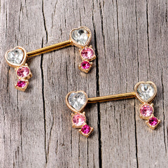 14G 9/16 Clear Pink Red Gem Heart Barbell Nipple Ring Set