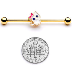 14G Blue Gem Gold Tone Sweet Kitty Cat Industrial Barbell 38mm