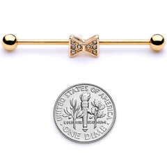 14G Clear Gem Gold Tone Bow Tie Industrial Barbell 38mm