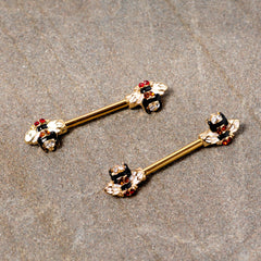 14G 9/16 Clear Yellow Gem Gold Tone Bee Barbell Nipple Ring Set