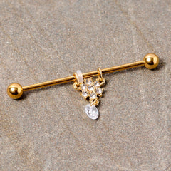 14G Clear Gem Gold Tone Regal Crest Dangle Industrial Barbell 38mm