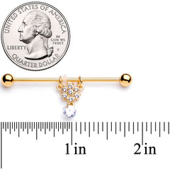 14G Clear Gem Gold Tone Regal Crest Dangle Industrial Barbell 38mm