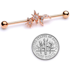 14G Clear CZ Gem Rose Gold Tone Moon Stars Industrial Barbell 38mm