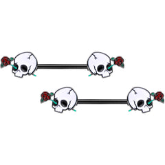 14G 9/16 Black PVD Rose Scary Skull Halloween Nipple Ring Set