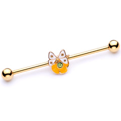 14G Green Gem Gold Tone Butterfly Flower Industrial Barbell 38mm
