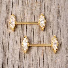 14G 9/16 Clear CZ Gem Gold Tone Texture Barbell Nipple Ring Set