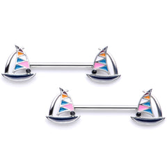 14G 9/16 Black Gem Teal Nautical Sailboat Barbell Nipple Ring Set
