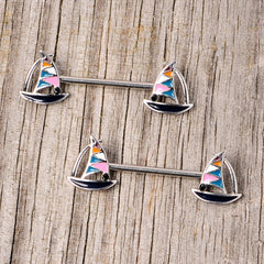 14G 9/16 Black Gem Teal Nautical Sailboat Barbell Nipple Ring Set