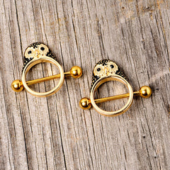 14G 9/16 Black Gem Gold Tone Barn Owl Nipple Shield Set