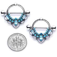 14G 5/8 Aqua Gem Filigree Nipple Shield Set