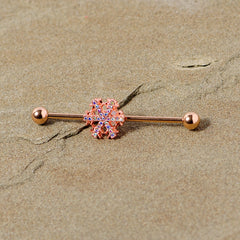 14G Aurora Gem Rose Gold Tone Snowflake Industrial Barbell 38mm