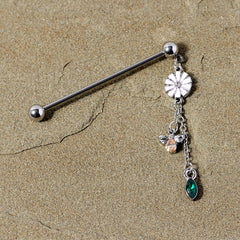 14G Green Yellow Gem Flower Bee Dangle Industrial Barbell 38mm