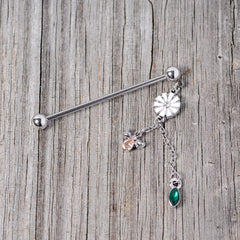 14G Green Yellow Gem Flower Bee Dangle Industrial Barbell 38mm