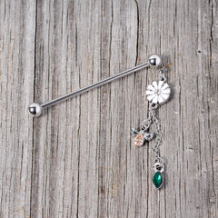 14G Green Yellow Gem Flower Bee Dangle Industrial Barbell 38mm