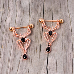 9/16 Rose Gold Tone Black Gem Spider Halloween Dangle Nipple Ring Set