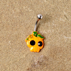 Black Gem Orange Pumpkin Jack O Lantern Halloween Belly Ring