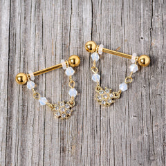 14G 5/8 Clear Gem Gold Tone Dainty Flower Dangle Nipple Ring Set