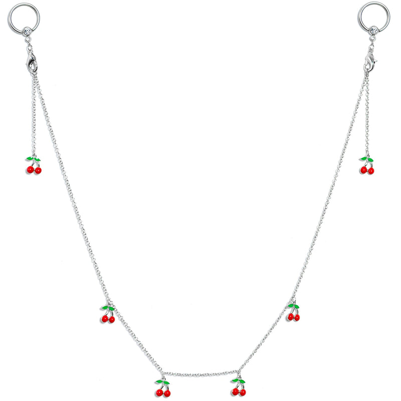 14G 9/16 Clear Gem Red Cherry Captive Ring Dangle Nipple Chain