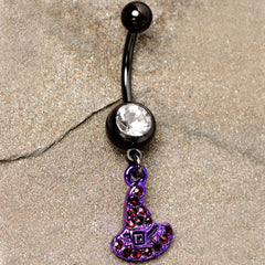 Clear Black Gem Black Purple Witch Hat Halloween Dangle Belly Ring