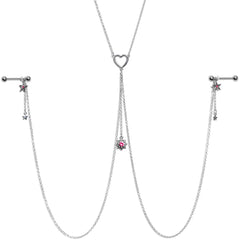 14G 5/8 Pink Gem Sun Heart Star Nipple Chain Necklace