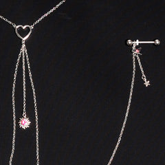 14G 5/8 Pink Gem Sun Heart Star Nipple Chain Necklace