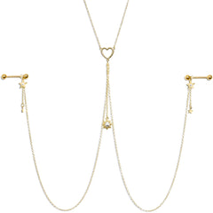 14G 5/8 Clear Gem Gold Tone Sun Heart Star Nipple Chain Necklace