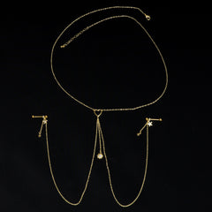 14G 5/8 Clear Gem Gold Tone Sun Heart Star Nipple Chain Necklace