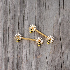 14G 9/16 Clear Gem Gold Tone Flower Bee Barbell Nipple Ring Set