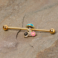14G Gold Tone Snail Flower Magic Mushroom Industrial Barbell 38mm