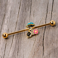 14G Gold Tone Snail Flower Magic Mushroom Industrial Barbell 38mm