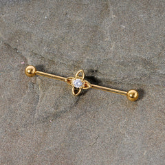 14G Clear CZ Gem Gold Tone Open Flower Industrial Barbell 38mm
